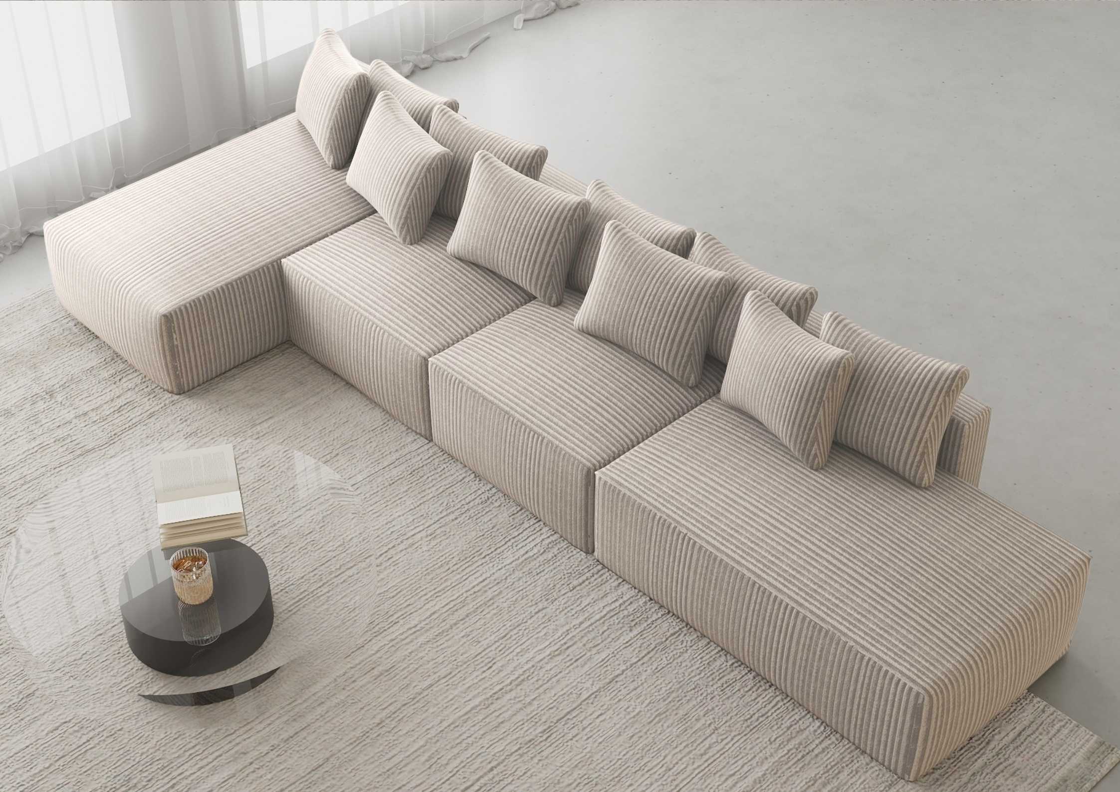 Duży narożnik wolnostojący z funkcją spania materiał sztruks kolor beżowy